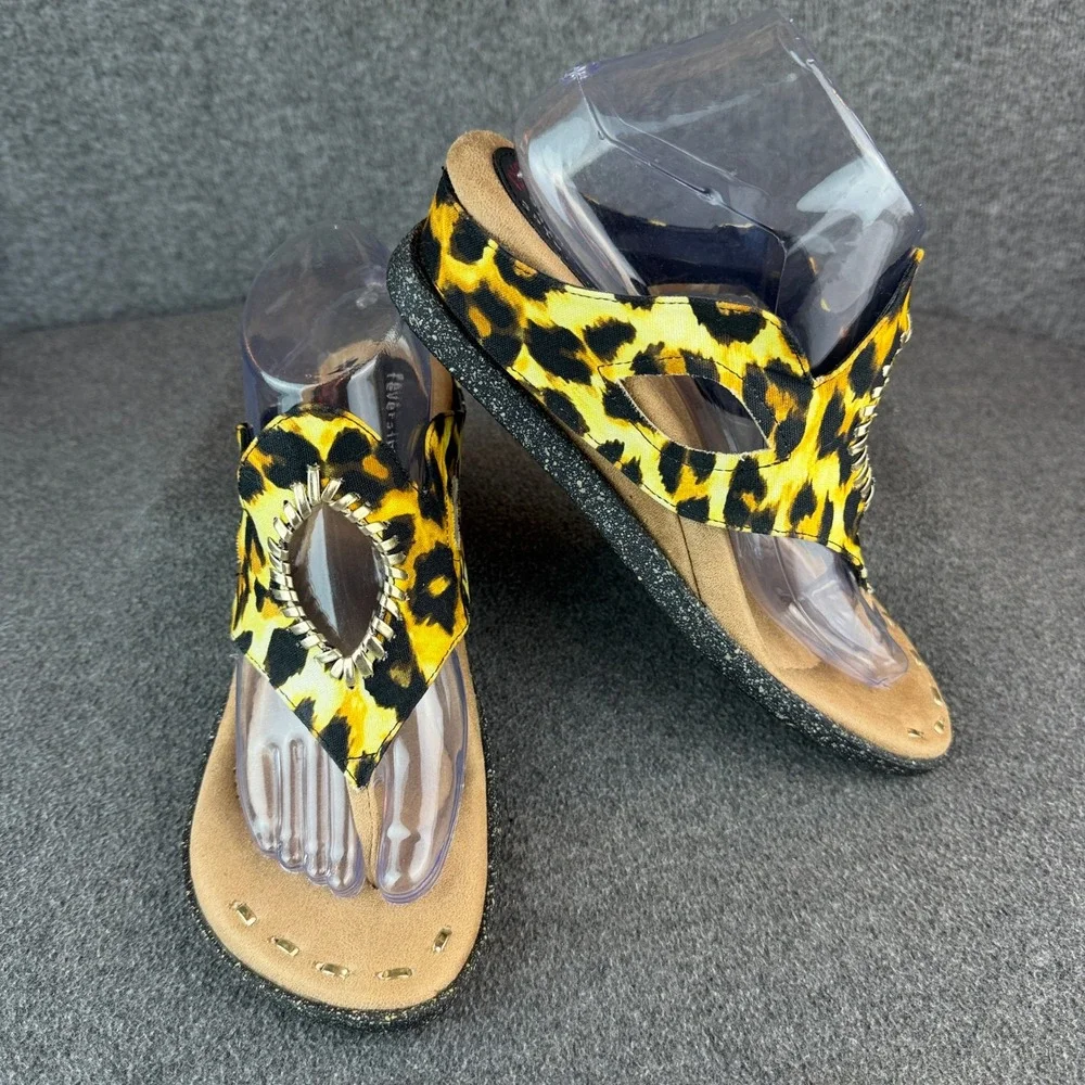 Modzori Reversibles Leopard Black Wedge Sandals Thong Women's Size 9
